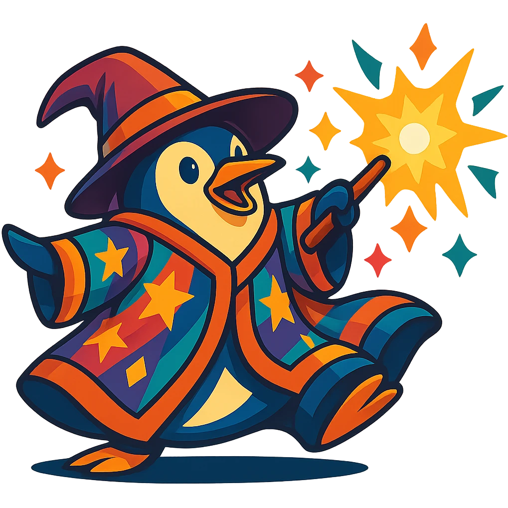 A more colorful version of the penguin wizard with vibrant colors and bright details, maintaining the original style and composition emoji