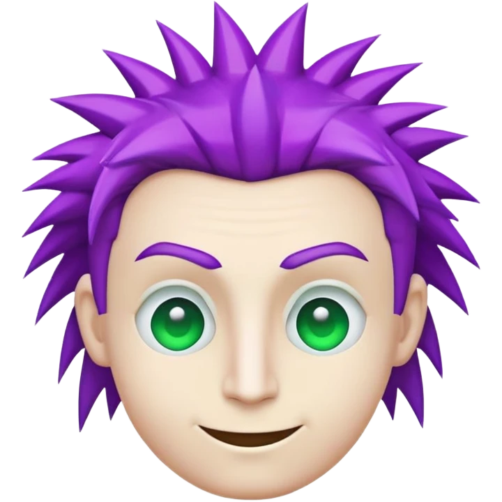 Emoji of a face with white skin, it has one cyan eye, and one green eye, it also has a purple spiky mullet haircut, it is shaped like a :3 face and has no nose, and no ears, it is a simple head/smiley emoji emoji