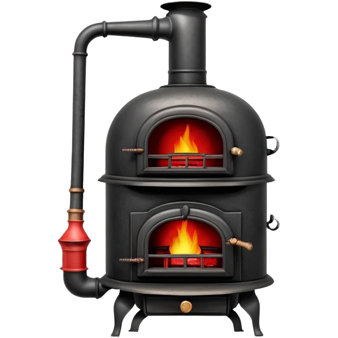 Vintage pot-belly coal stove from early 1900s with chimney pipe, rustic black iron with red glowing coals inside emoji