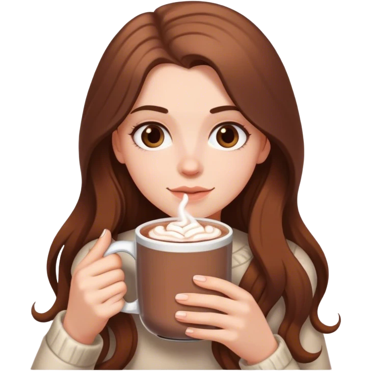 white girl with brown long hair and a hot chocolate emoji