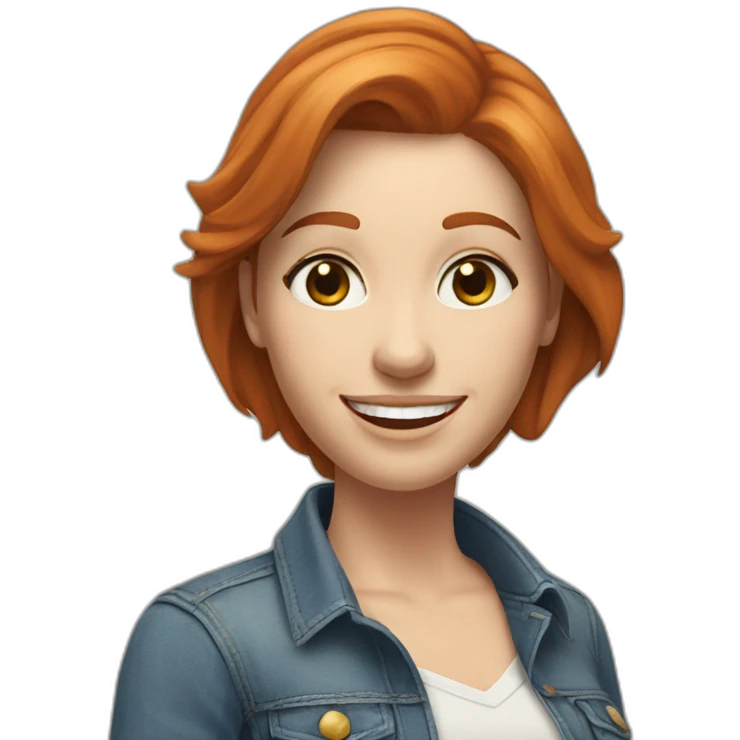 redhead white woman with medium long straight hair, greets smiling, with jeans and romantic blouse emoji