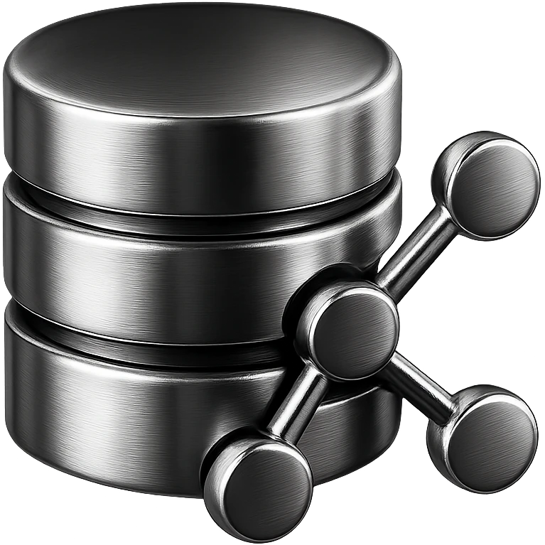 chrome database cylinder with digital network links, representing robust and scalable database solutions, sleek and modern emoji