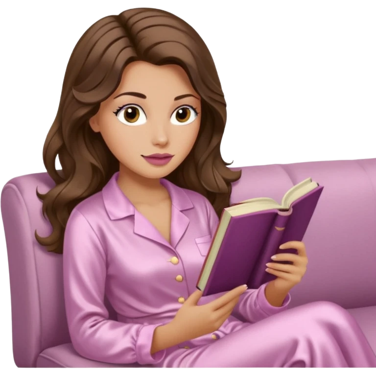 Woman with light tanned skin reading a book on Beige sofa. Long wavy brunette hair. Ivory silk pyjamas. Realistic. Foxeye with long lashes. Pinky mauve lips. emoji