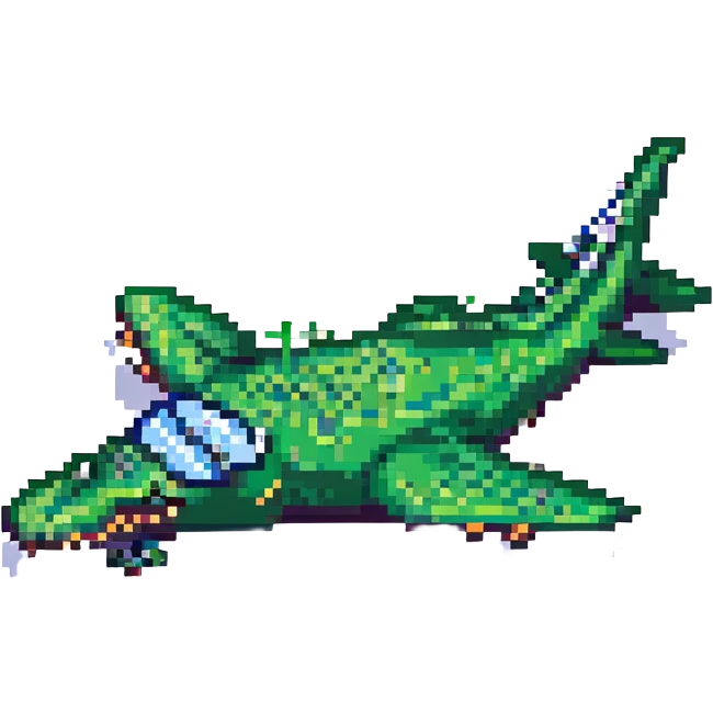 pixel art green crocodile flying next to a cartoon airplane, retro game style emoji