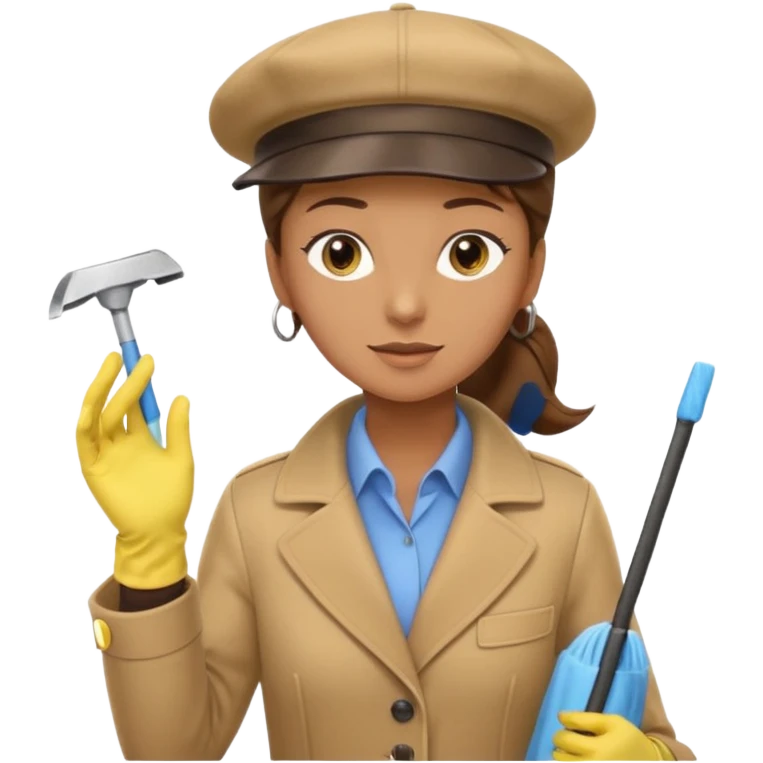 a Detective man with beige hat, a beige coat is interviewing the cleaning Lady with Brown hair, high ponytail and yellow cleaning gloves emoji