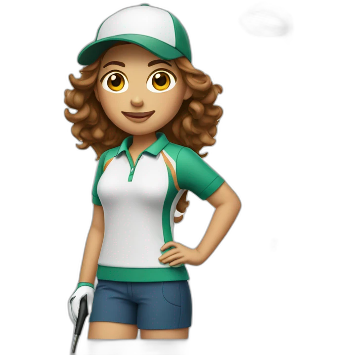 female with brown wavy hair dressed in golfwear with golf gear emoji