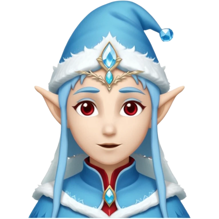 Fantasy elf portrait emoji, Santa Claus hat with icy frost edges, thin icy crystal crown with deep red accents under the hat, elegant elven features, cold noble winter expression, icy blue and crimson color palette, minimal clean design, flat readable emoji style, male/female variant
 emoji