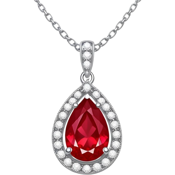 teardrop ruby pendant glowing fiery red, set in a delicate silver chain with a halo of shimmering white stones emoji