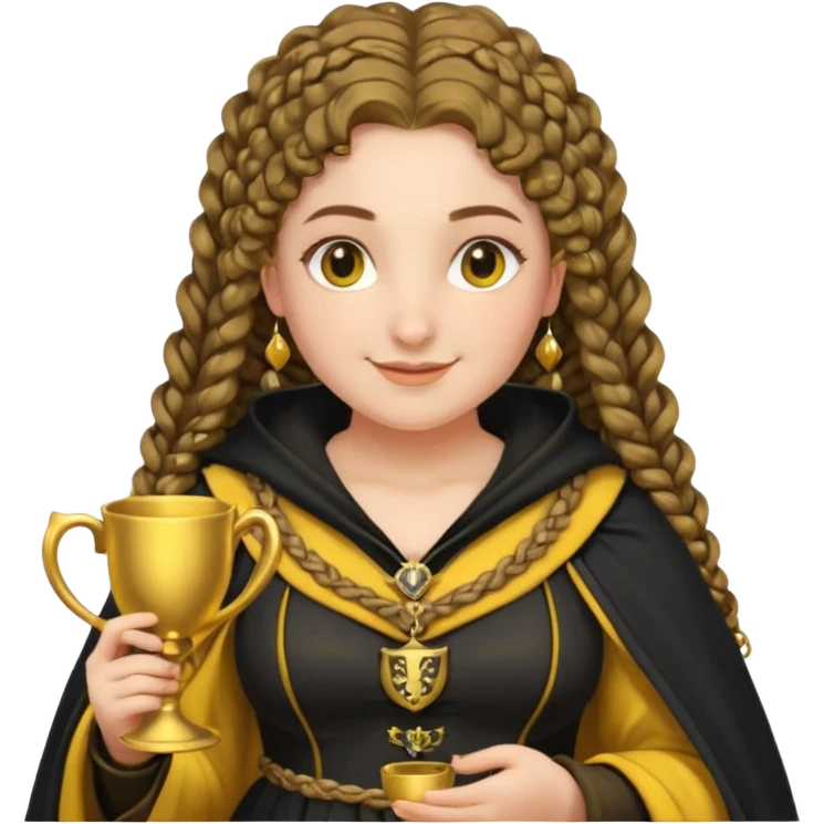 Helga Hufflepuff, 2 curly thick brown braids, yellow-black medieval dress, black cloak decorated with gold braiding, tiny two-handled shiny yellow-gold cup, very kind smile, curvy busty sweet woman, thick rosy cheeks emoji