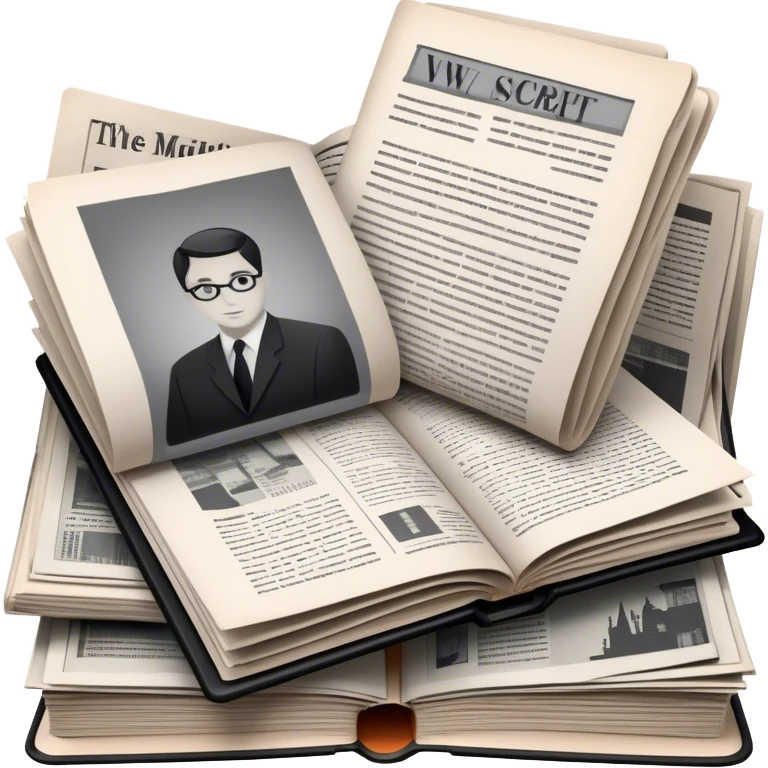 Icon for Non-Fiction & Narrative Reading: an open book with black-and-white photos on the pages, surrounded by a pile of newspaper clippings, and an open folder with top-secret documents. The icon should reflect the blend of real stories and facts in non-fiction literature. Transparent background. emoji