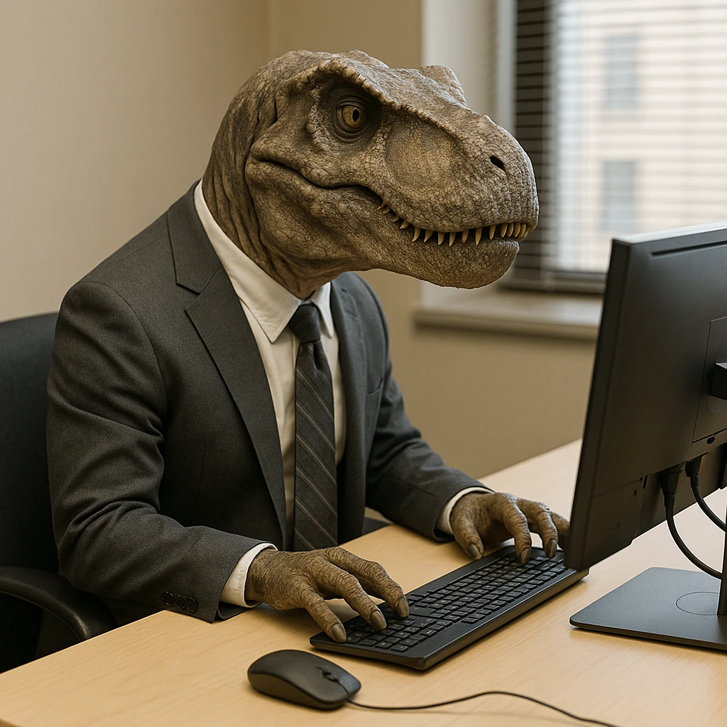 realistic dinosaur sitting on a chair, wearing a suit, using an office computer emoji