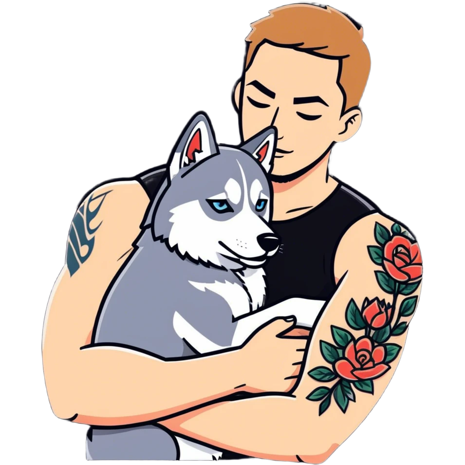 Tattooed arms man hugging a husky emoji