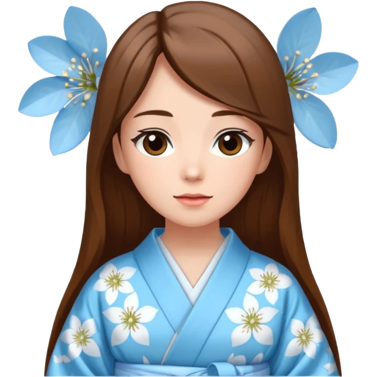A woman with long brown hair is wearing a light blue kimono with white cherry blossom patterns. emoji