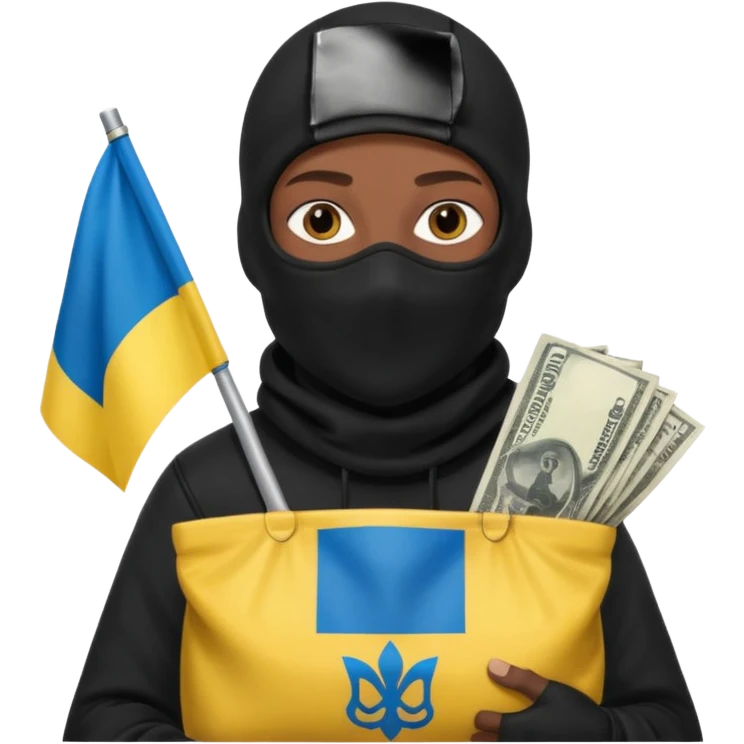 создай украинца в черное одежде и черной балаклаве с большим мешком денег на котором есть флаг страны в руках emoji