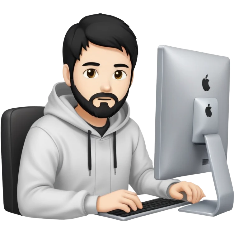 male coder with black hair, beard, and white skin, wearing a hoodie, sitting in front of a computer, focused on coding emoji