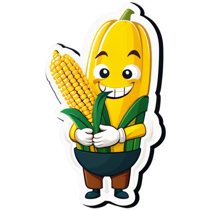 A yellow funny corn with a suspicious smile holding logs in his hands and about to eat them  emoji