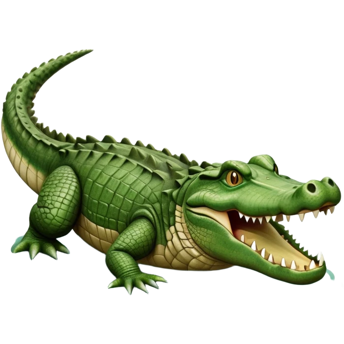cinematic-crocodile-realistic-full-body-on all fours-emoji,-massive-scaled-body-partially-submerged-in-shallow-water,-head-tilted-dramatically,-rough-green-and-brown-hide-textured-with-deep-ridges,-simplified-yet-realistic-focused-features, head held high emoji