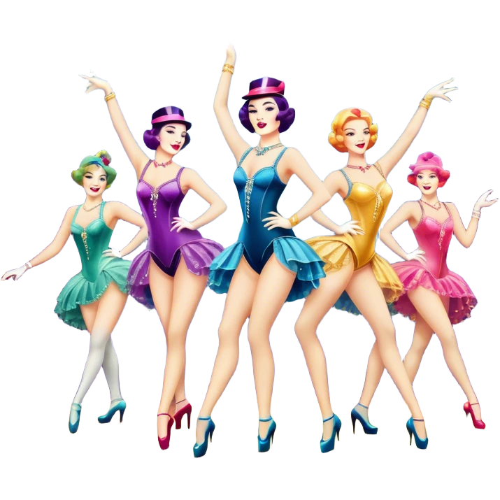 A vintage movie poster-style design inspired by Moulin Rouge. Include glamorous cabaret dancers in extravagant costumes, a colorful stage, sparkling lights, and a sense of drama. The atmosphere should be vibrant, with musical notes in the air. Retro cinematic style. Transparent background. emoji