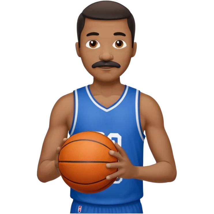 black man basketball player blue jersey with mustache holding basket ball emoji