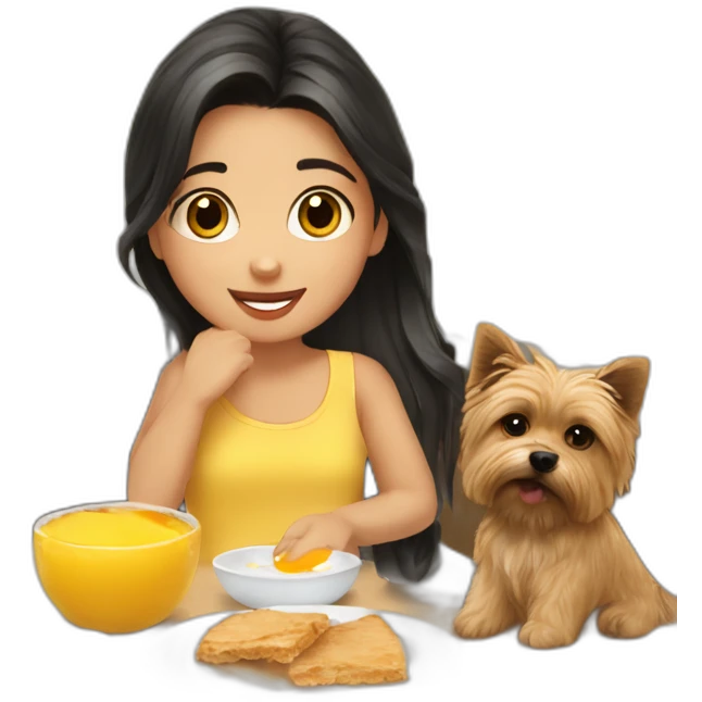 petite girl dark hair making breakfast with norwich terrier emoji