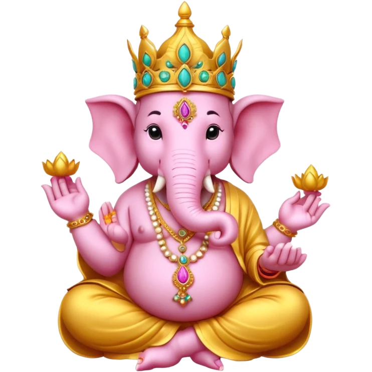 A cute and detailed emoji-style Lord Ganesha idol, with an elephant head, big ears, wearing a crown and ornaments, sitting on a lotus, holding a modak, vibrant colors, divine aura emoji