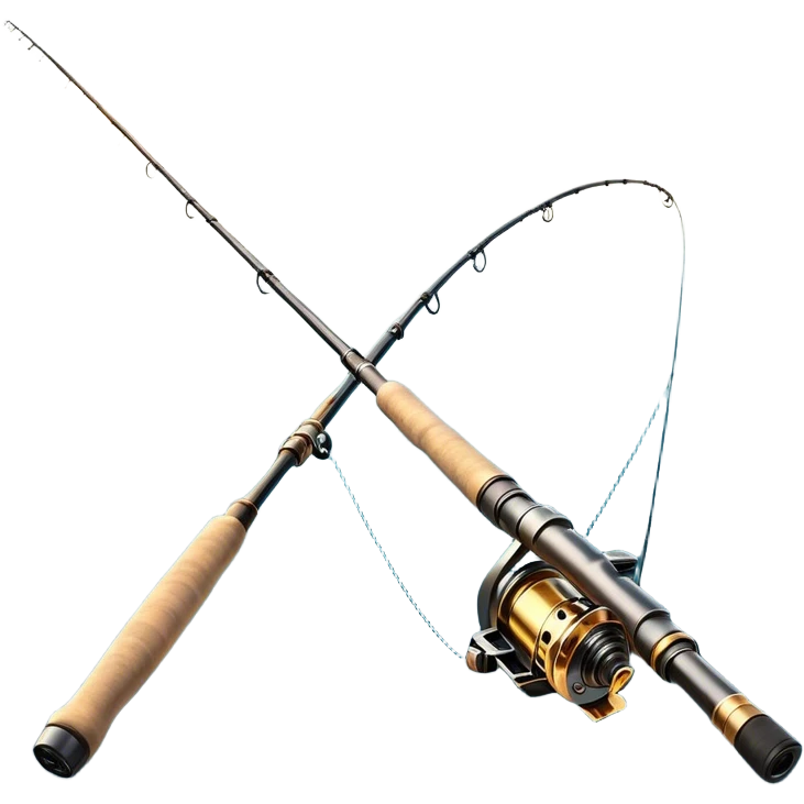Cinematic Realistic Fishing Rod, sleek graphite rod with a smooth, polished reel, thin line disappearing into a shimmering lake, warm golden sunlight reflecting off the water, glowing with a tranquil and adventurous aura. emoji
