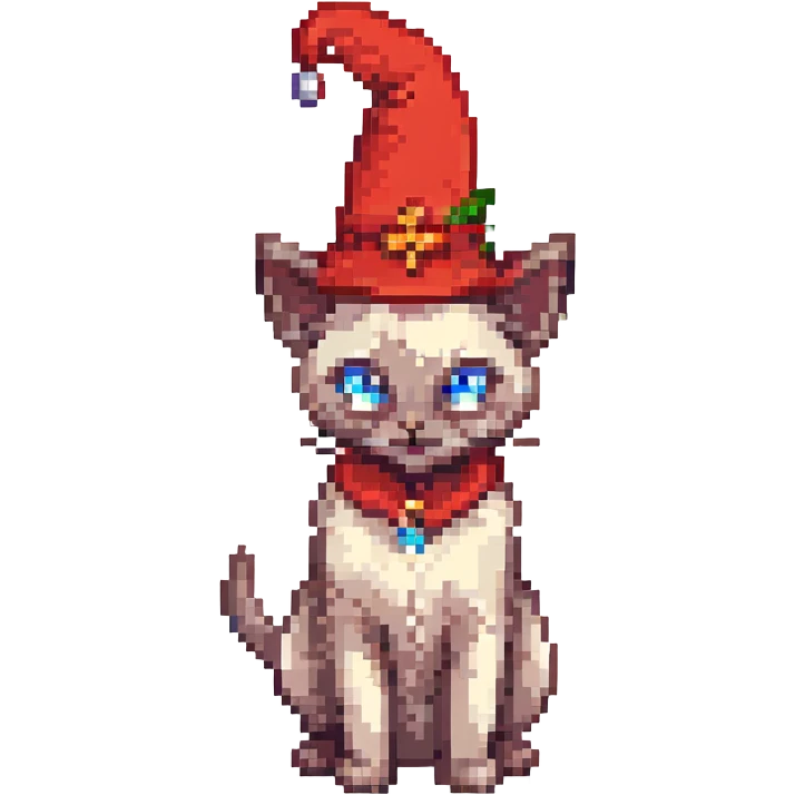 A pixel art image of a Siamese cat wizard with a red hat. emoji