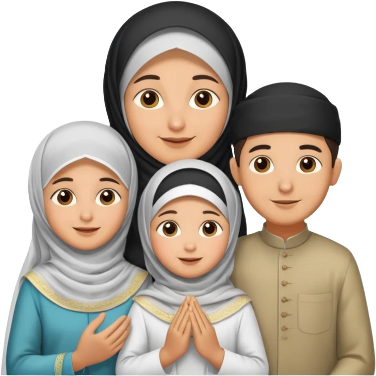 Lebaran. Keluarga terdiri dari Ayah dan ibu, 3 orang anak yang terdiri dari dua anak laki-laki dan seorang anak perempuan yang merupakan anak terkecil. Ibunya menggunakan cadar. emoji