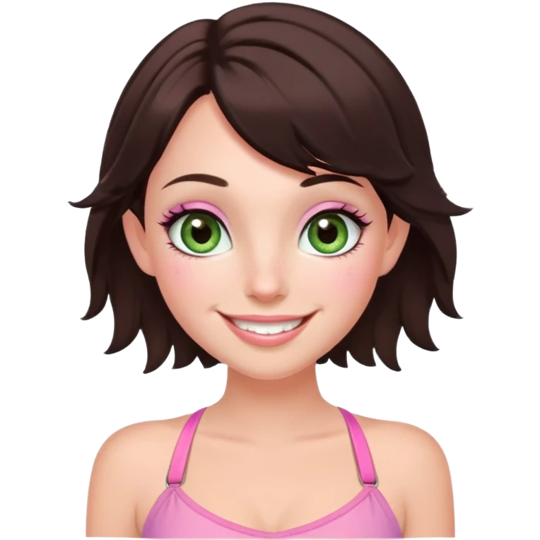 fairy woman, soft green eyes, big eyelashes, dark brown bob, brown cheek freckles, big smile, pink halter top emoji