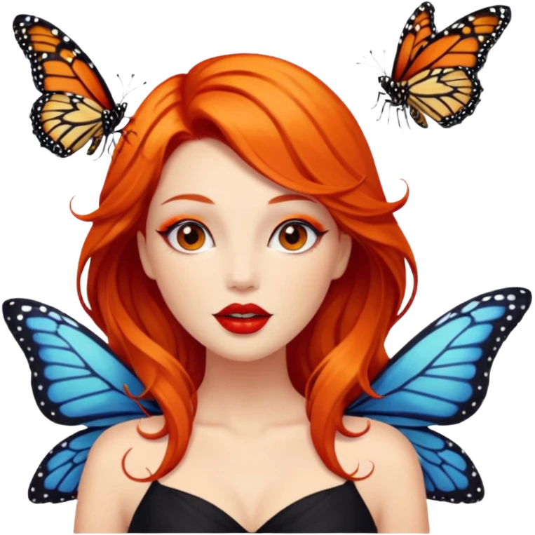 A siren with dark orange hair, red lips playing with a Monarch butterfly emoji