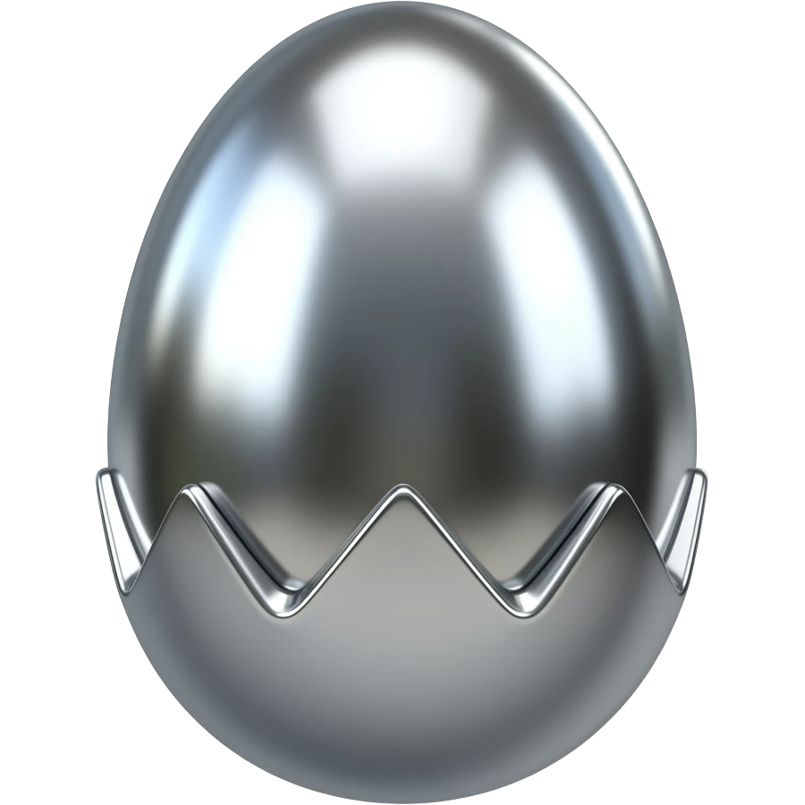 A 3D Y2K-style egg made of liquid chrome and polished silver. Sharp edges with a high-gloss metallic finish reflections. Minimalist, futuristic, and moody emoji