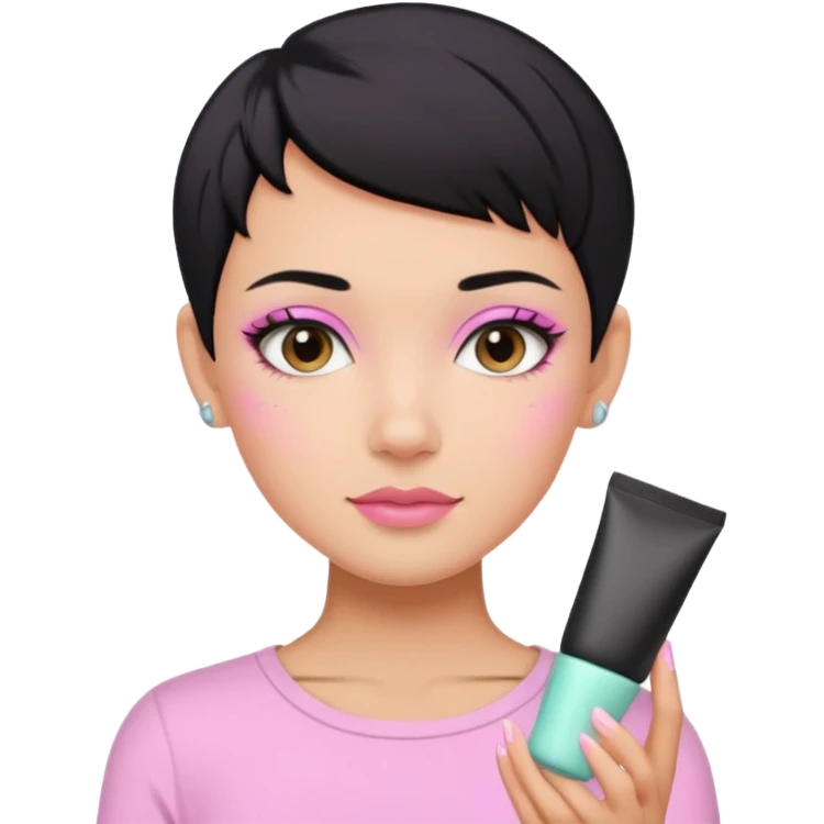 tan girl pink shirt with black hair & a pixie, cut no earrings, doing cute pastel colors skin care emoji