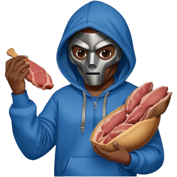 MF DOOM in a blue hoodie holding a piece of meat emoji