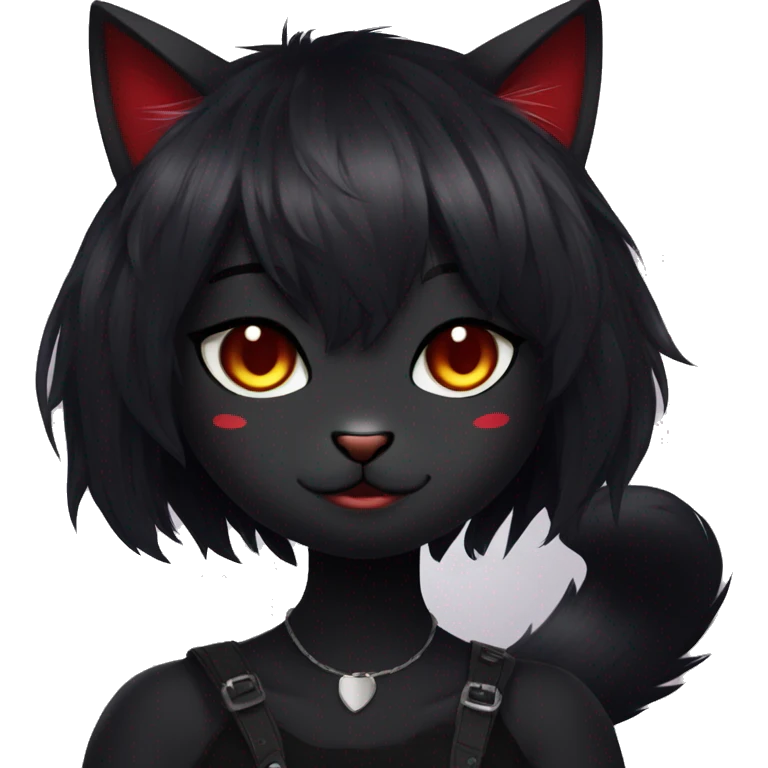 Anthro Edgy Cool Beautiful Black Cat-Fursona with Emo Hair-bangs with Red Streaks emoji