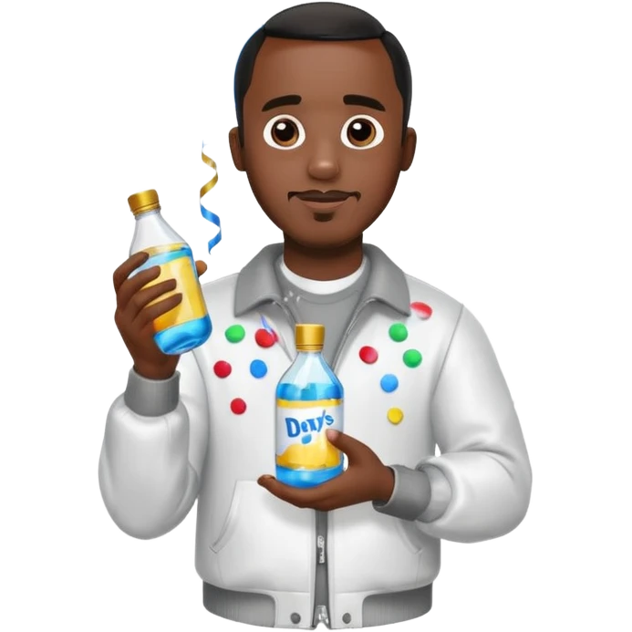 Diddy holding baby oil at a party with balloons and confetti and banners oiled up emoji