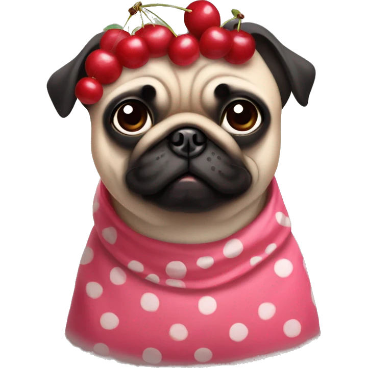 Pug in a cherry costume with headband with cherries on it emoji