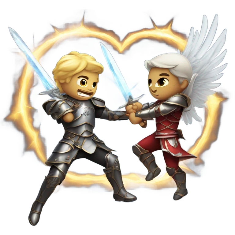 angel vs demon in a lively fight mid flight with swords and armor and lightning emoji