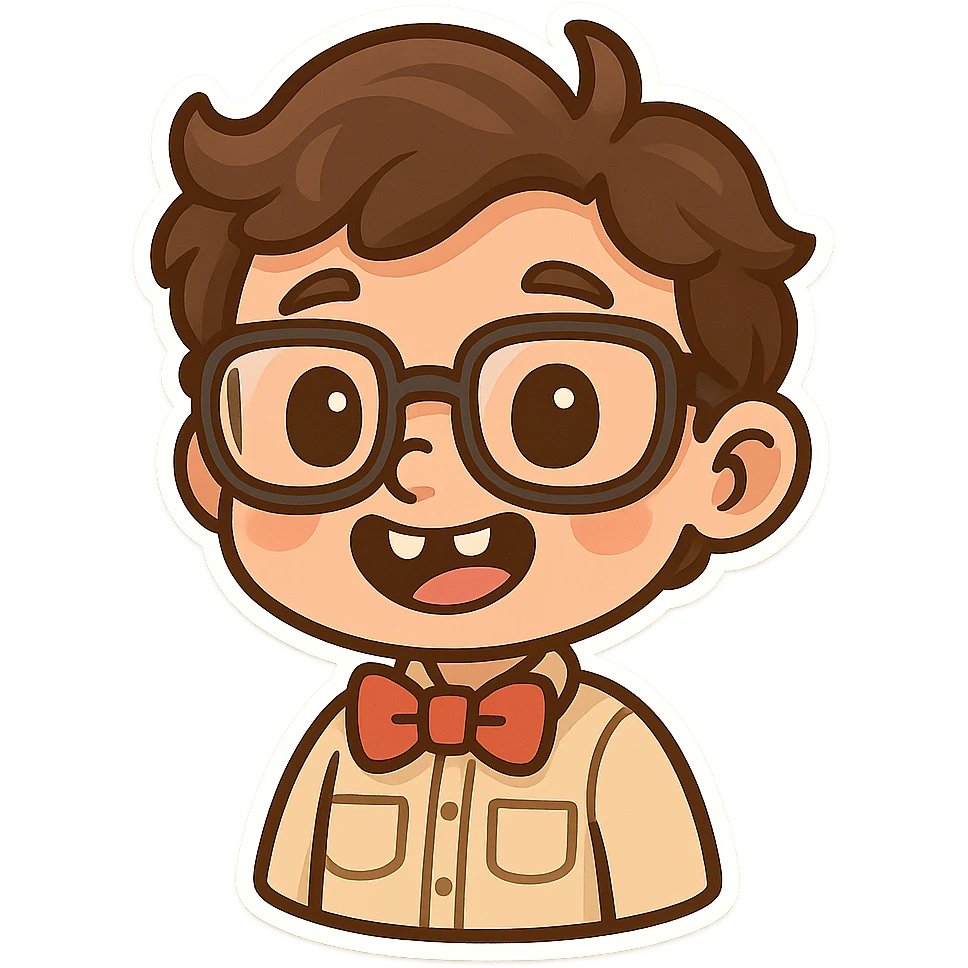 cheerful nerd with bow tie, big glasses, tooth gap, friendly and quirky emoji