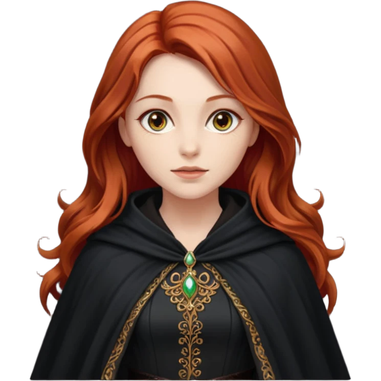 a beautiful woman with long red hair reaching her waist, hazel eyes, and wearing a black cloak emoji