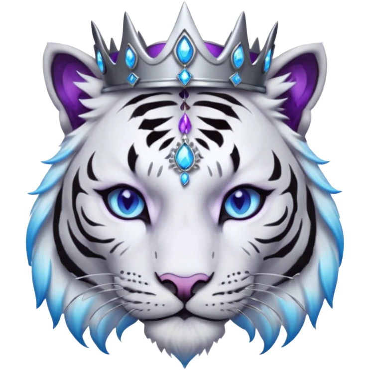ESO Female white/black tiger khajiit leader of the umbral rose, glowing blue eyes, glowing blue 'third eye' gem; silver crown/tiara with purple gems emoji
