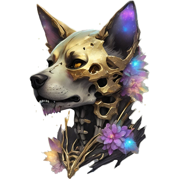 iridescent kintsugi fluffy zombie black brown gold dog fox head zombie skull skeleton gold mechanical nebula galaxy stars colorful flowers fairy lights vintage zombie emoji