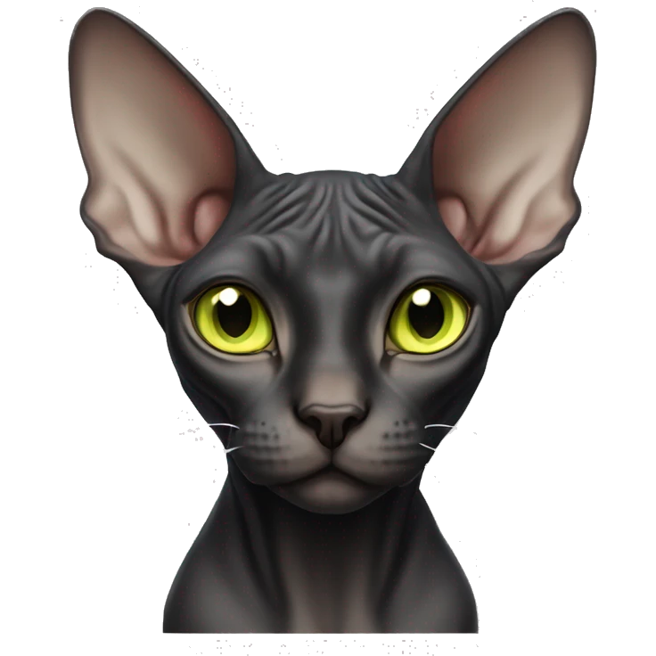 black sphynx cat with a white chest and a white chin with yellowish green eyes emoji
