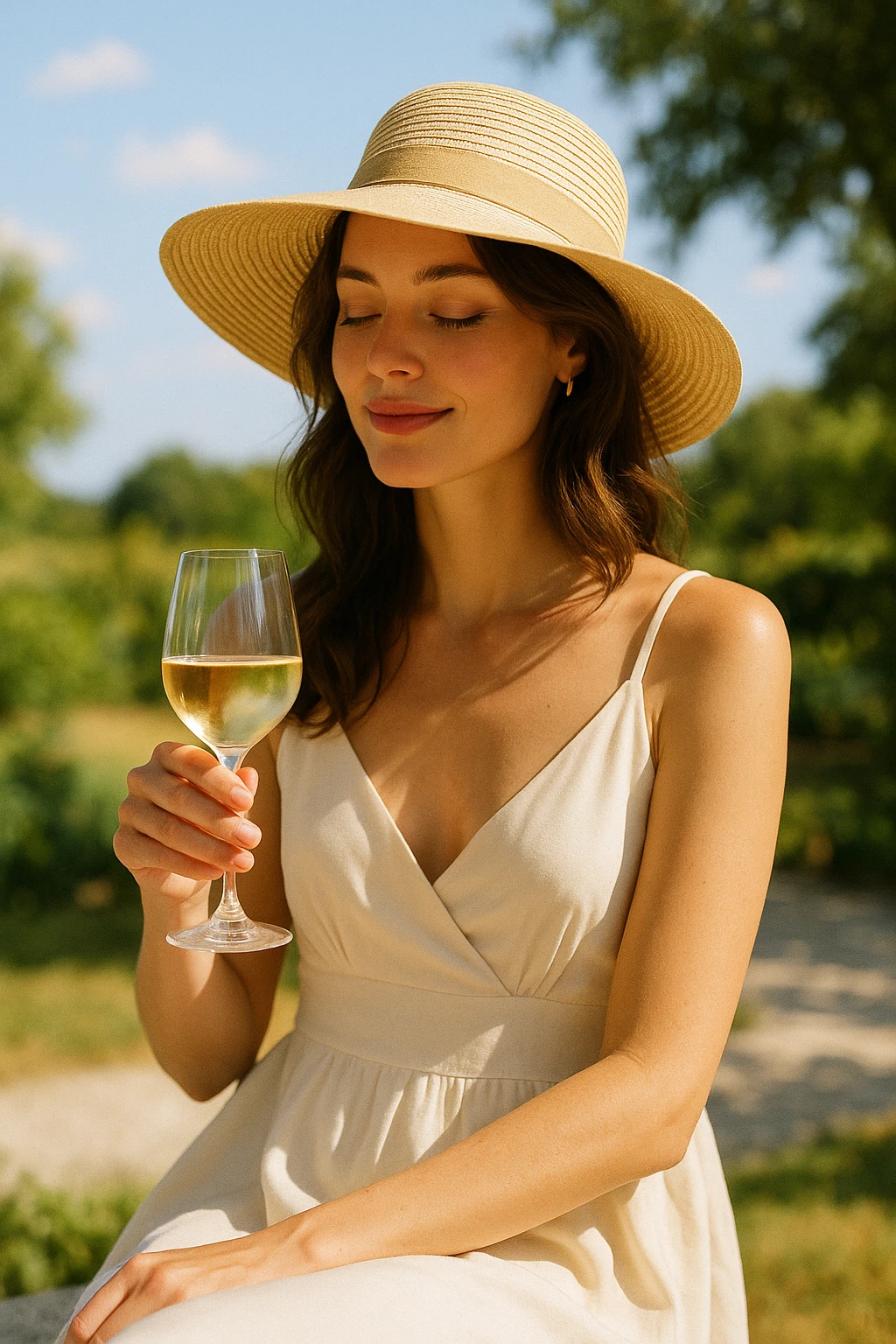 A woman wearing a sunhat holding a glass of wine emoji