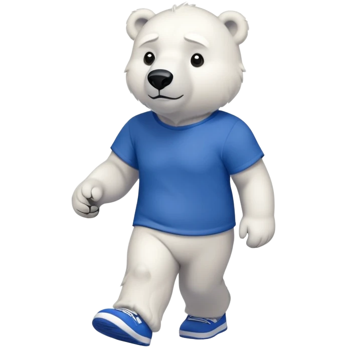 muscular friendly anthropomorphised polar bear walking confidently, wearing a royal blue t-shirt, black pants, and white trainers emoji