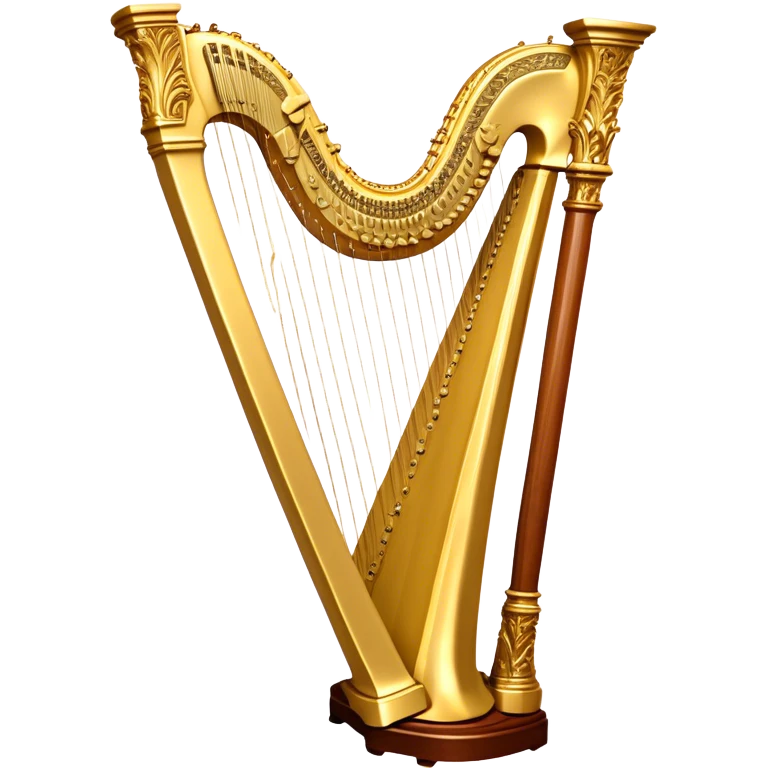 Create a luxurious and elegant emoji representing the LOUIS XV SPECIAL harp by the American manufacturer Lion & Healy. The design should feature the intricate, ornate frame of the harp with beautifully detailed carvings, highlighting the classical Louis XV style. Add golden strings and a subtle glimmer to evoke the high-end craftsmanship. Include delicate accents like musical notes flowing around the instrument to symbolize its melodic sound. Use warm, rich colors like gold, mahogany, and deep wood tones to reflect its luxurious and classical design. The background should be transparent. emoji