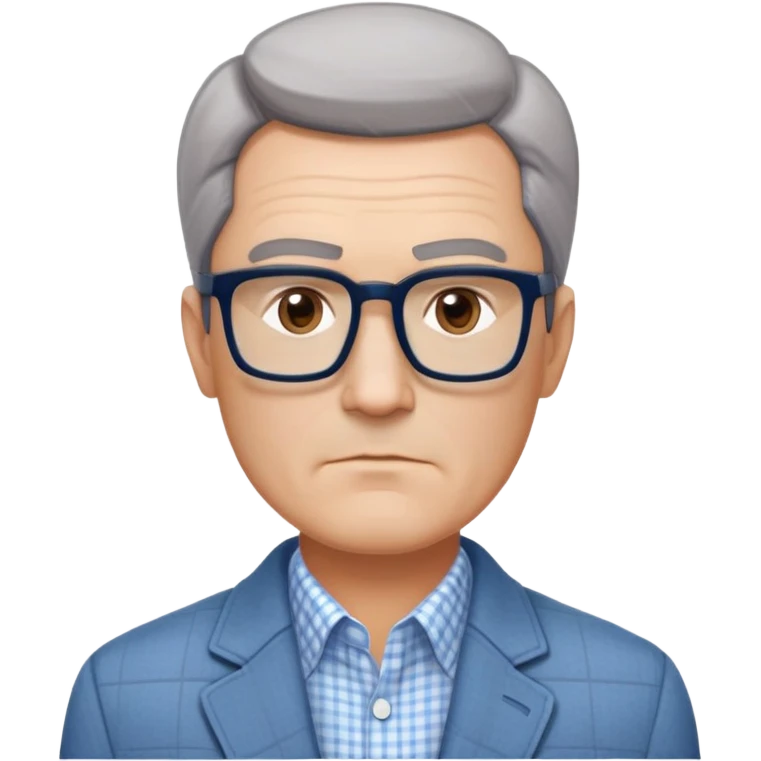 50-year-old man with square face, large dark square glasses, short straight hair combed to the side with some gray. Serious-relaxed expression with subtle age lines. Light gray jacket, white shirt with blue checkered pattern. emoji