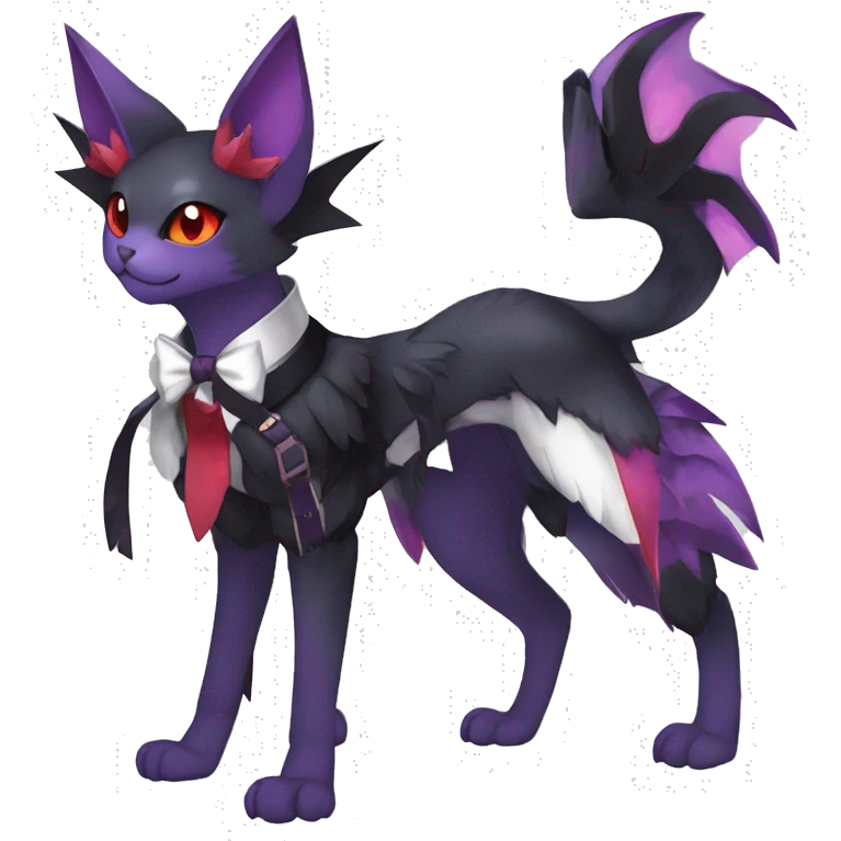  kawaii edgy black purple red ethereal fantasy beautiful elegant nargacuga-Noivern-cat-Fakemon collar harness bow tie and bracers full body emoji