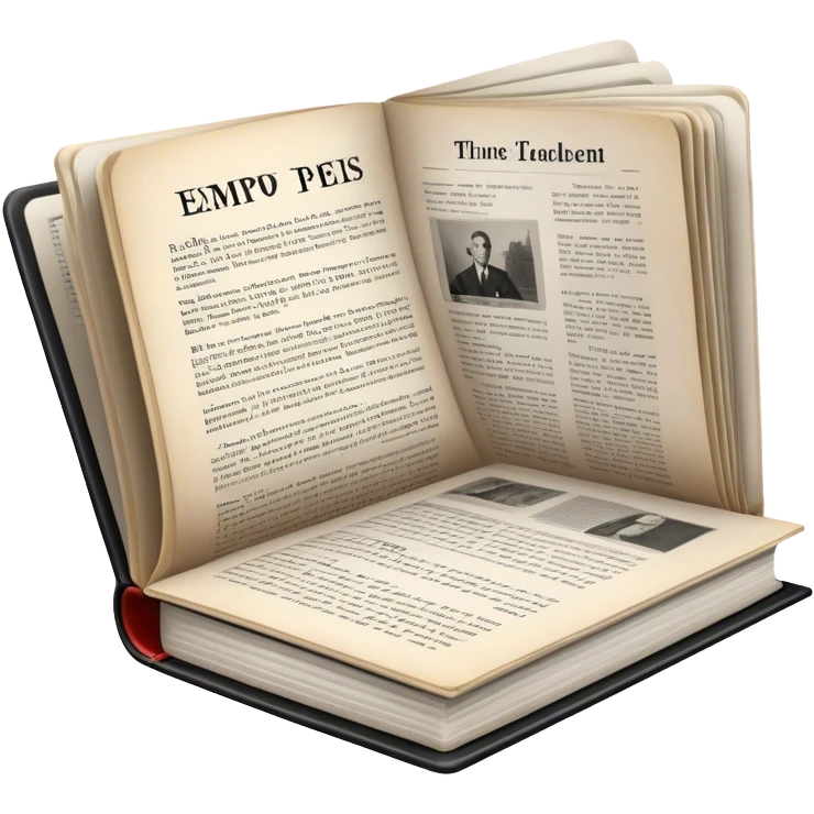 Icon for Non-Fiction & Narrative Reading: an open book with historical facts and narrative text on the pages, featuring black-and-white photos, news clippings, and an open folder with top-secret documents. Transparent background. emoji