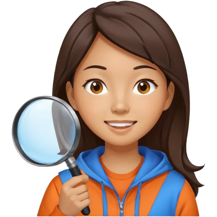 A brunette smiling asian woman wearing orange-blue hoodie holding a large magnifying glass and squinting at something to intently emoji