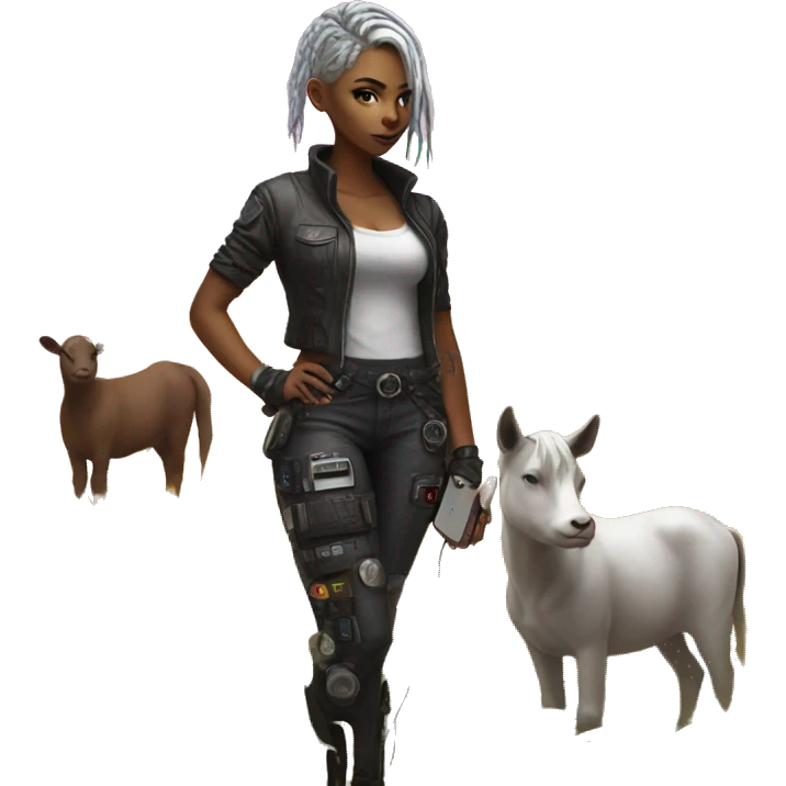 cyberpunk girl on the farm standing with phone emoji